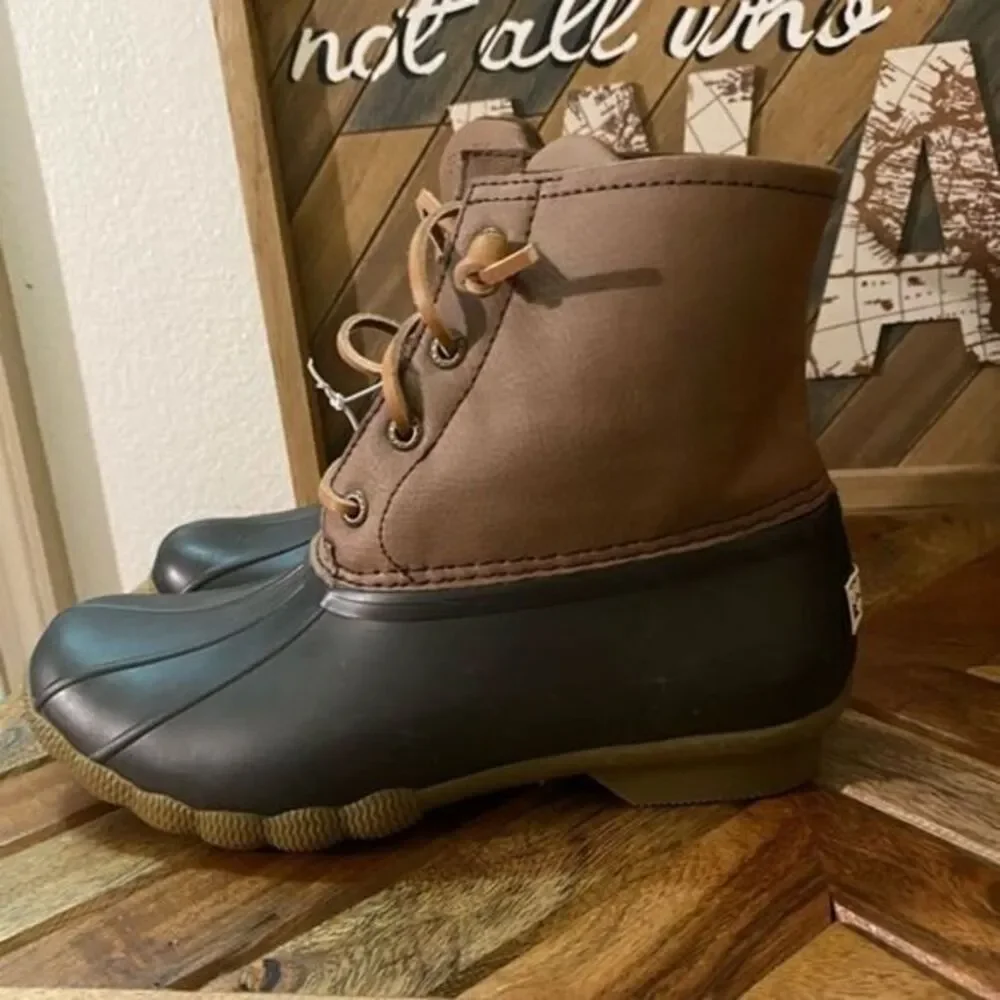 Sperry Saltwater Duck Boots Women 5.5 Brown Black Side‎ Zip STS83684 Weather